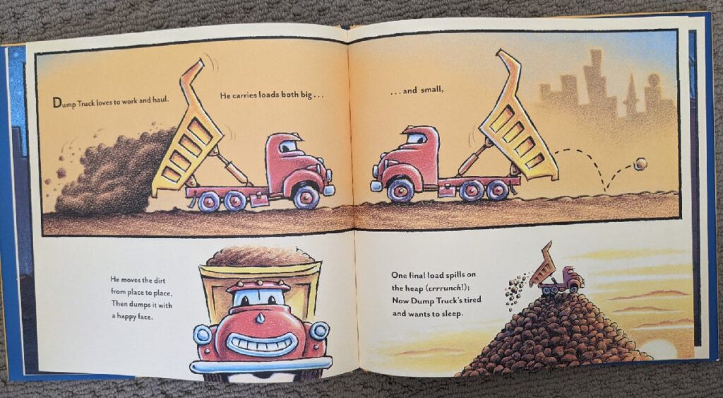 Goodnight Goodnight Construction Site - Dump trucks illustration.