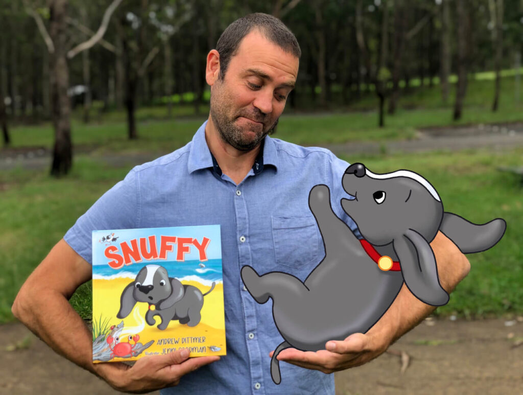 Image promoting an Andrew Dittmer author visit in Sydney. Andrew holding his book, Snuffy.